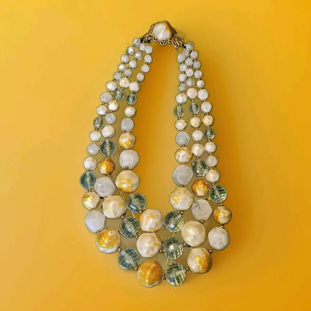 Vtg 1960s 3 Strand Statement Necklace Yellow Orange Marbled Lucite Plastic Beads